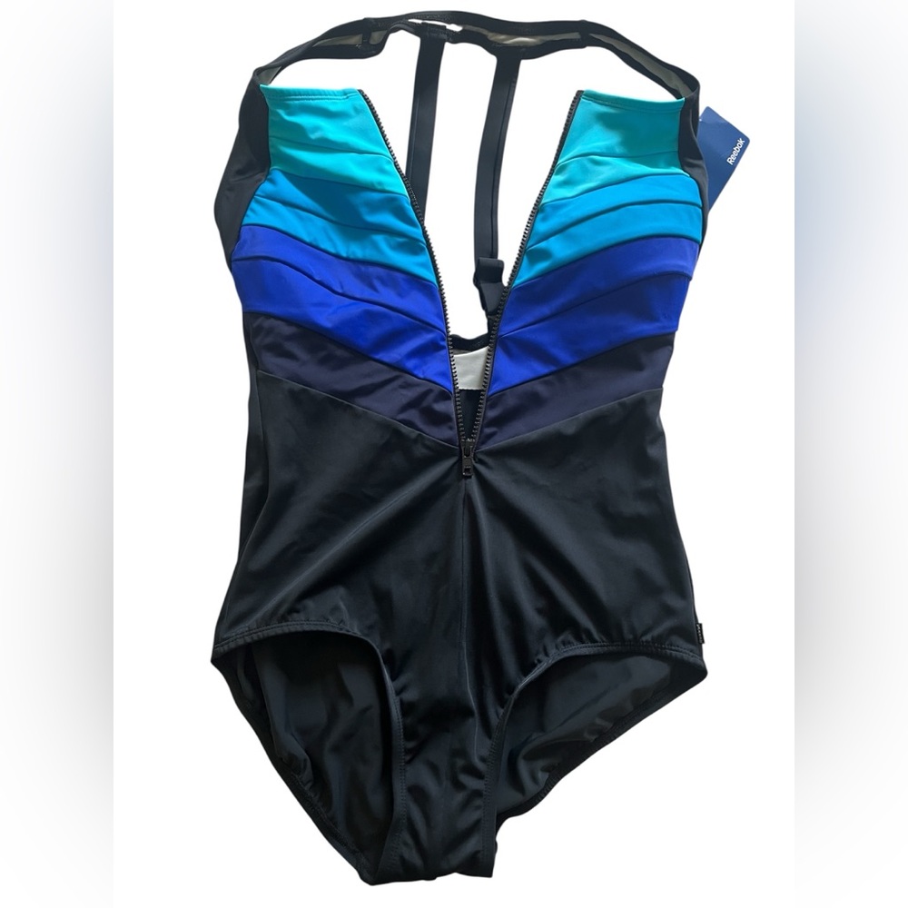🩱NWT Reebok Zip-Front
Colorblock Tummy
Control One-Piece
Swimsuit - Blue/Black